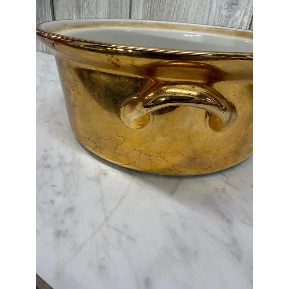 Hall China Golden Glo 22 Karat Gold Covered Casserole Dish Vintage Round 8 Inch